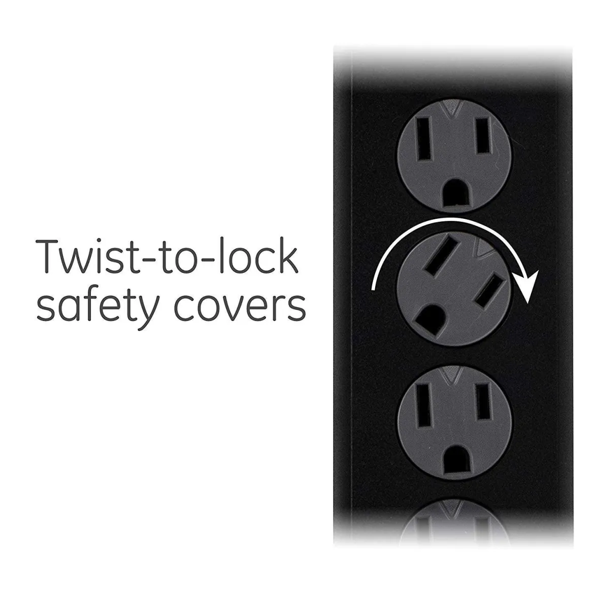 GE 6-Outlet 8ft. Surge Protector with Twist-to-Close Safety Covers, Black