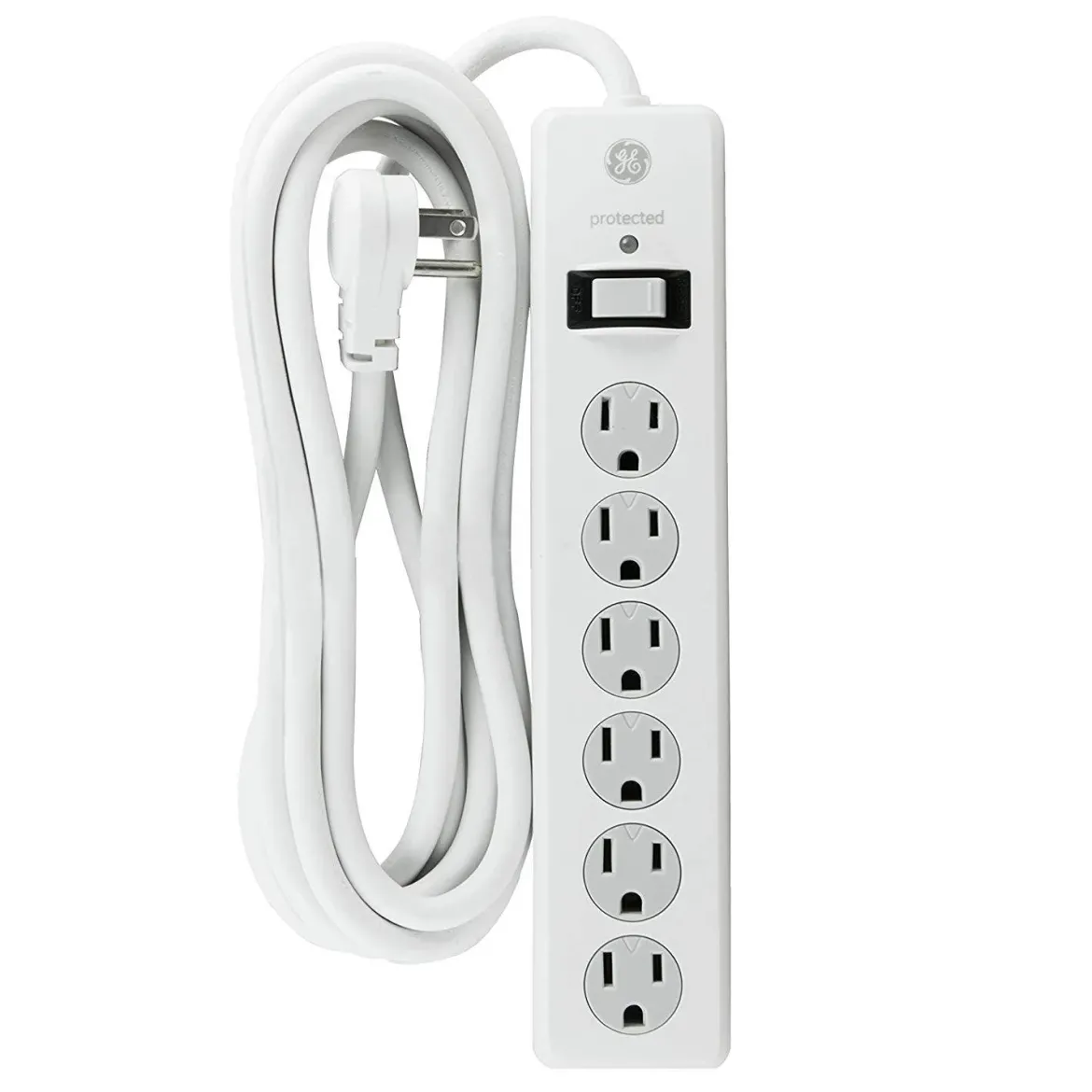 GE 6-Outlet 10ft. Surge Protector With Twist-To-Close Safety Covers, White