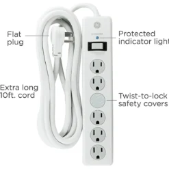 GE 6-Outlet 10ft. Surge Protector With Twist-To-Close Safety Covers, White