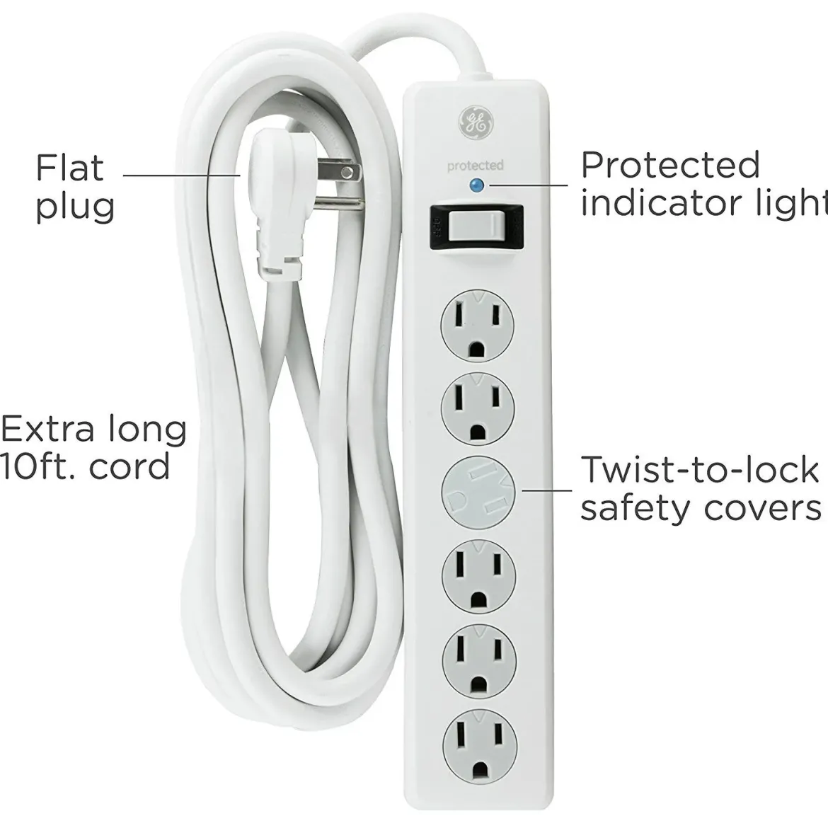 GE 6-Outlet 10ft. Surge Protector With Twist-To-Close Safety Covers, White