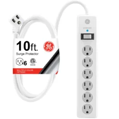 GE 6-Outlet 10ft. Surge Protector With Twist-To-Close Safety Covers, White