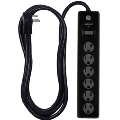 GE 6-Outlet 10ft. Surge Protector With Twist-To-Close Safety Covers, Black