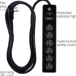 GE 6-Outlet 10ft. Surge Protector With Twist-To-Close Safety Covers, Black