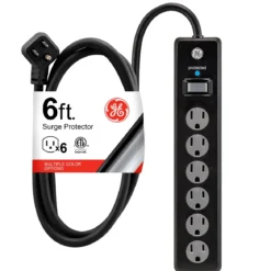 GE 6-Outlet 6ft. Surge Protector with Twist-to-Close Safety Outlets, Black