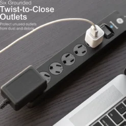 GE 6-Outlet 6ft. Surge Protector with Twist-to-Close Safety Outlets, Black