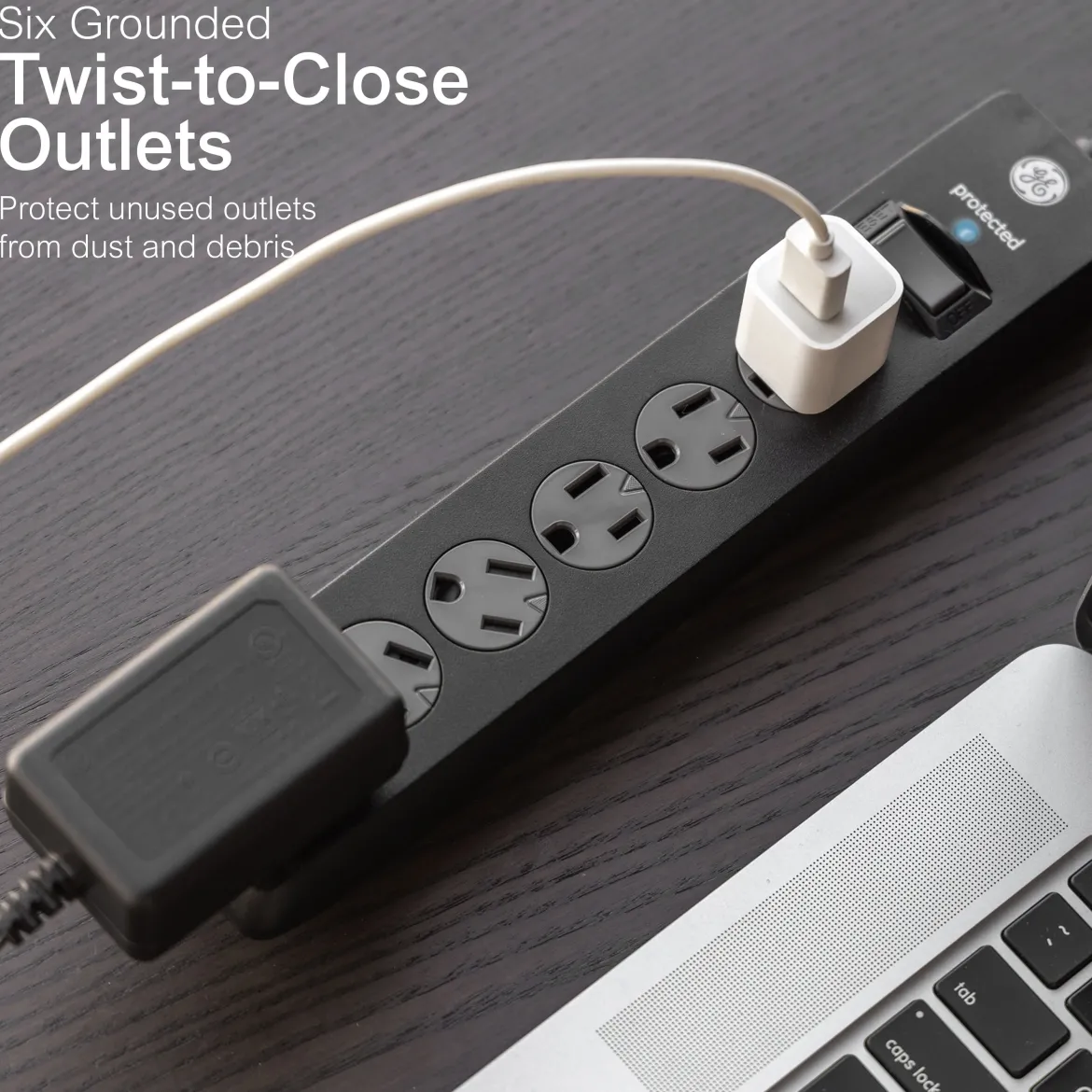 GE 6-Outlet 6ft. Surge Protector with Twist-to-Close Safety Outlets, Black