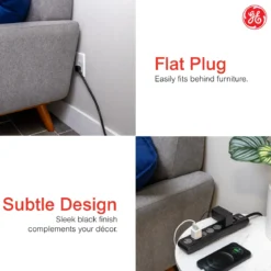 GE 6-Outlet 6ft. Surge Protector with Twist-to-Close Safety Outlets, Black