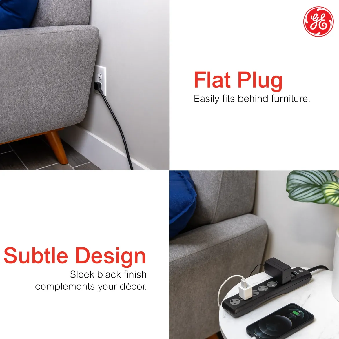 GE 6-Outlet 6ft. Surge Protector with Twist-to-Close Safety Outlets, Black