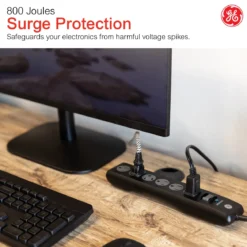 GE 6-Outlet 6ft. Surge Protector with Twist-to-Close Safety Outlets, Black
