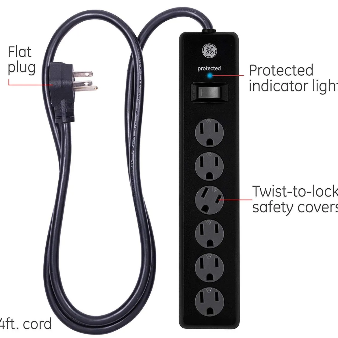 GE 6-Outlet 4ft. Surge Protector with Twist-to-Close Safety Covers, Black