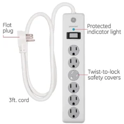 GE 6-Outlet 4ft. Surge Protector with Twist-to-Close Safety Covers, White