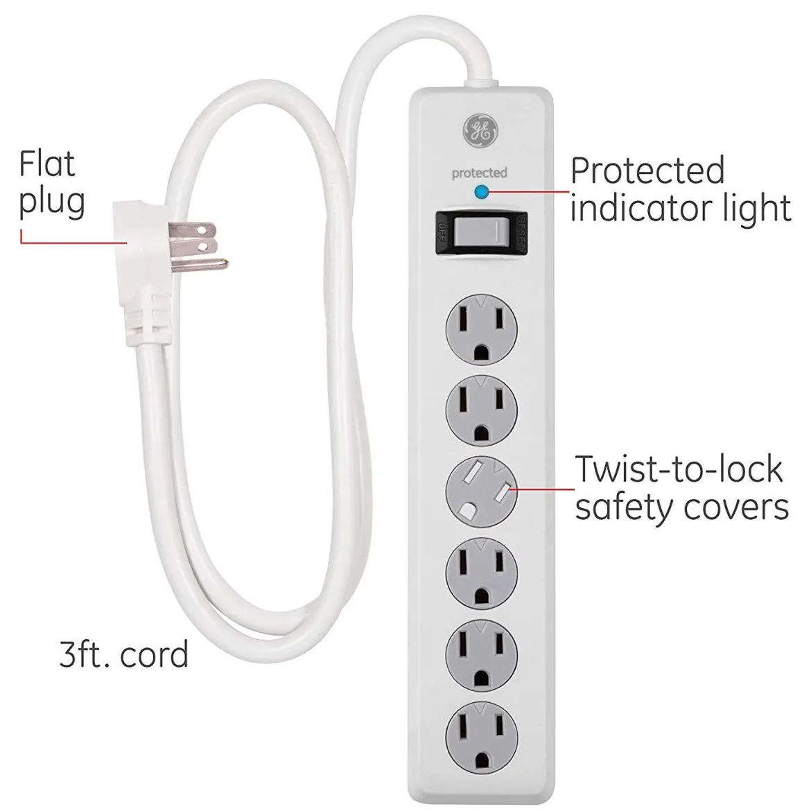 GE 6-Outlet 4ft. Surge Protector with Twist-to-Close Safety Covers, White