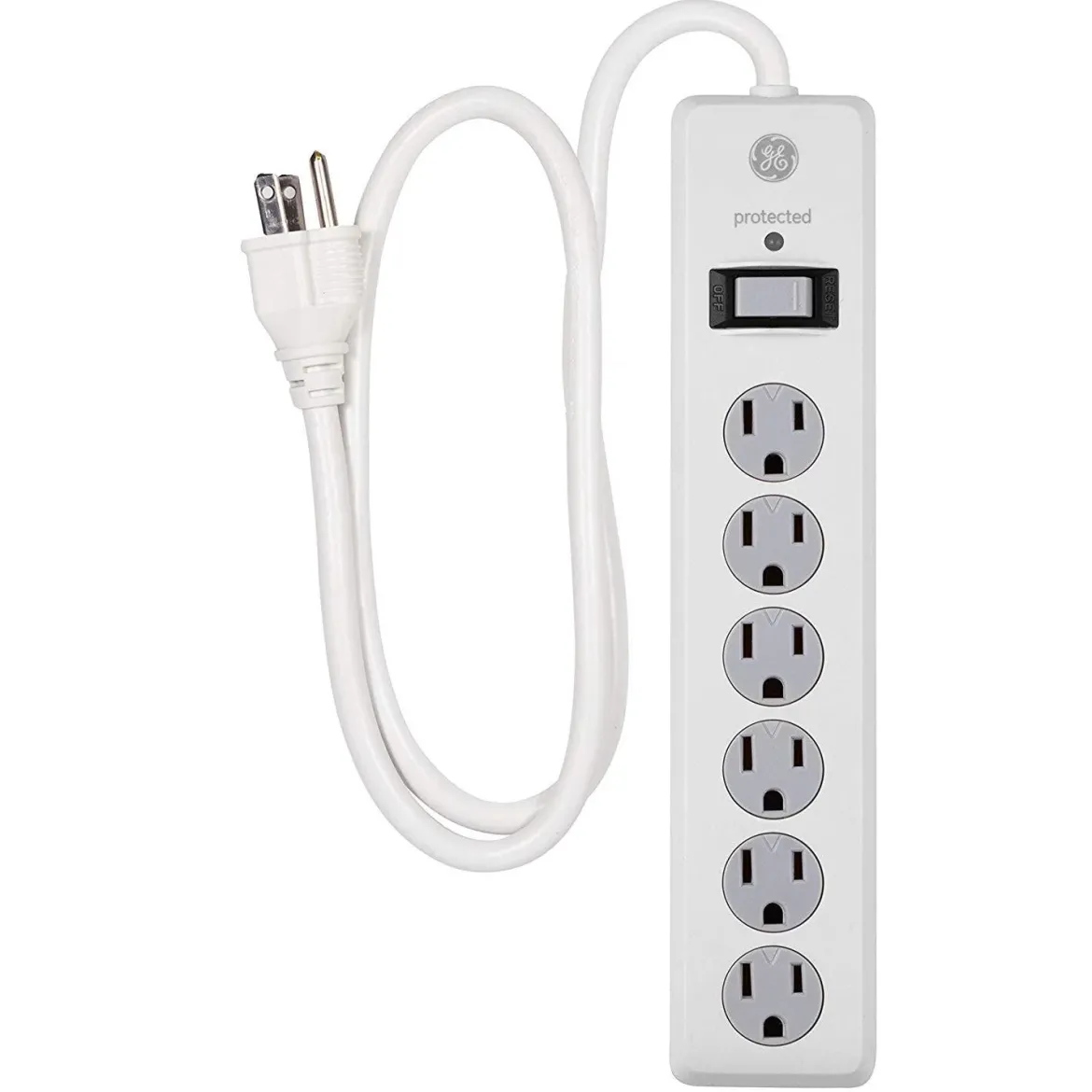 GE 6-Outlet 3ft. Surge Protector with Twist-to-Close Safety Covers, White