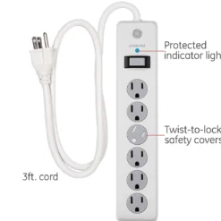 GE 6-Outlet 3ft. Surge Protector with Twist-to-Close Safety Covers, White