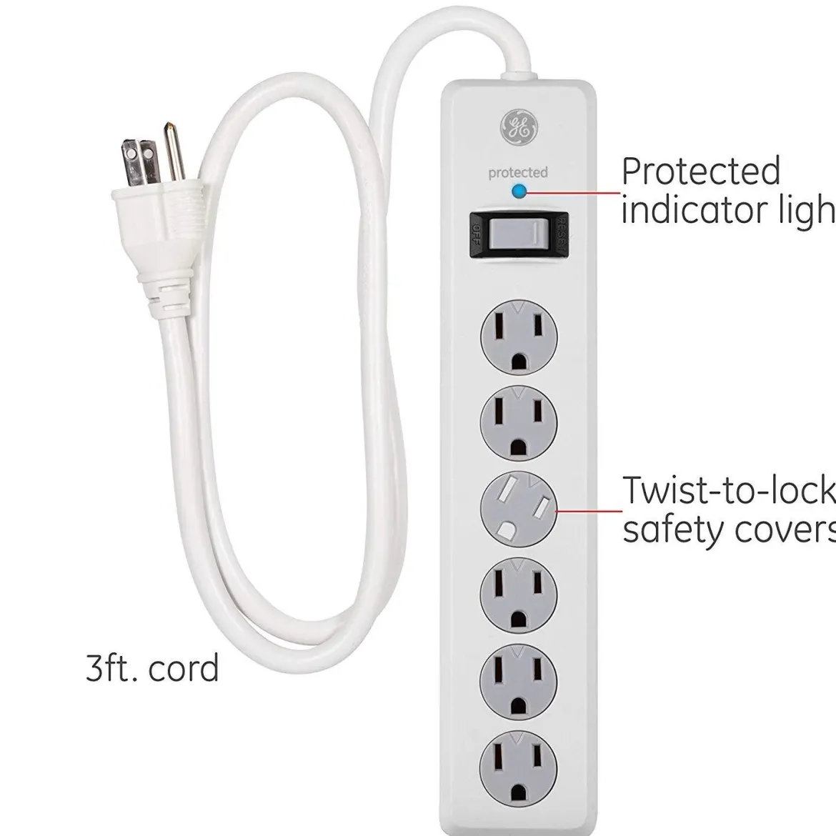 GE 6-Outlet 3ft. Surge Protector with Twist-to-Close Safety Covers, White