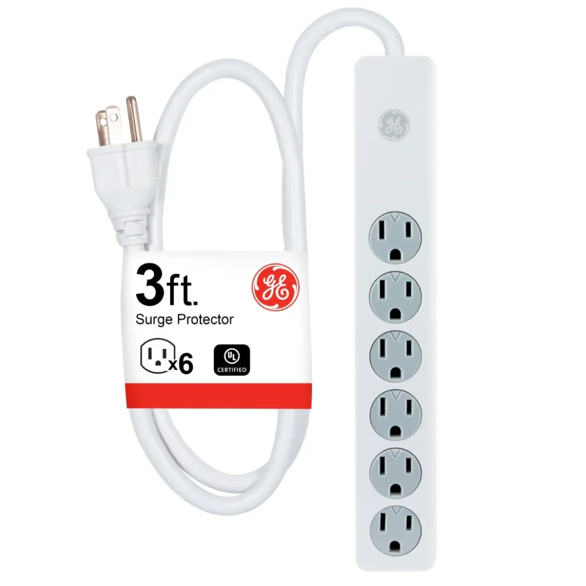 GE 6-Outlet 3ft. Surge Protector with Twist-to-Close Safety Covers, White