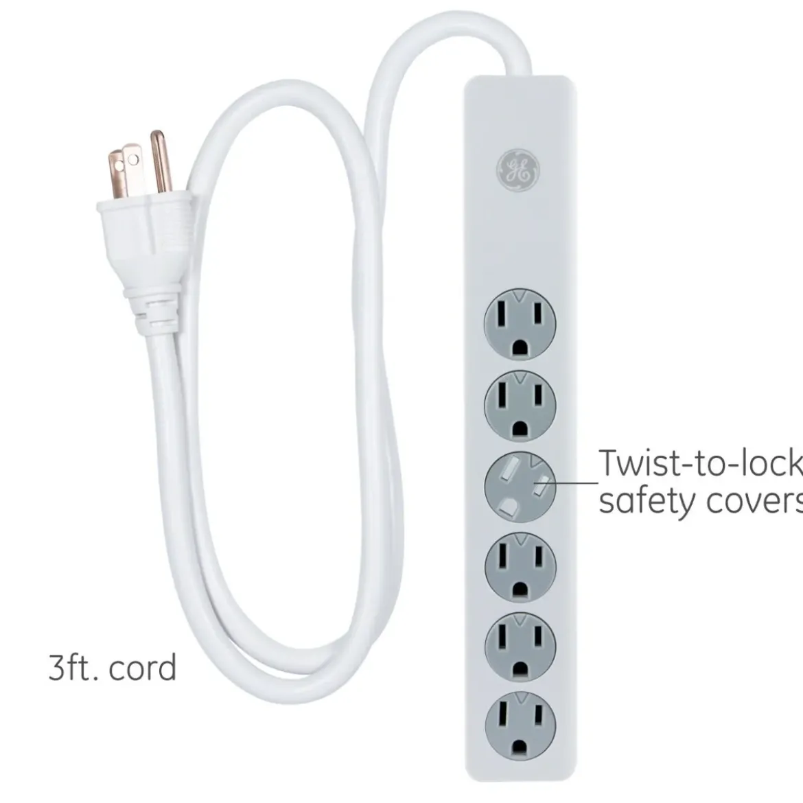 GE 6-Outlet 3ft. Surge Protector with Twist-to-Close Safety Covers, White