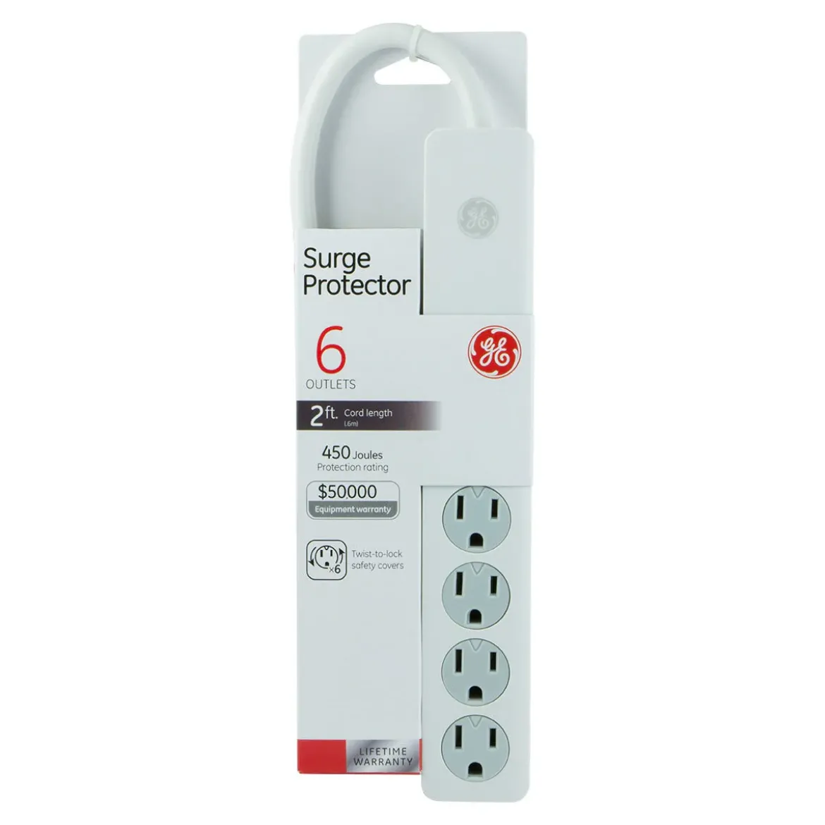 GE 6-Outlet 2ft. Surge Protector with Twist-to-Close Safety Outlets, White