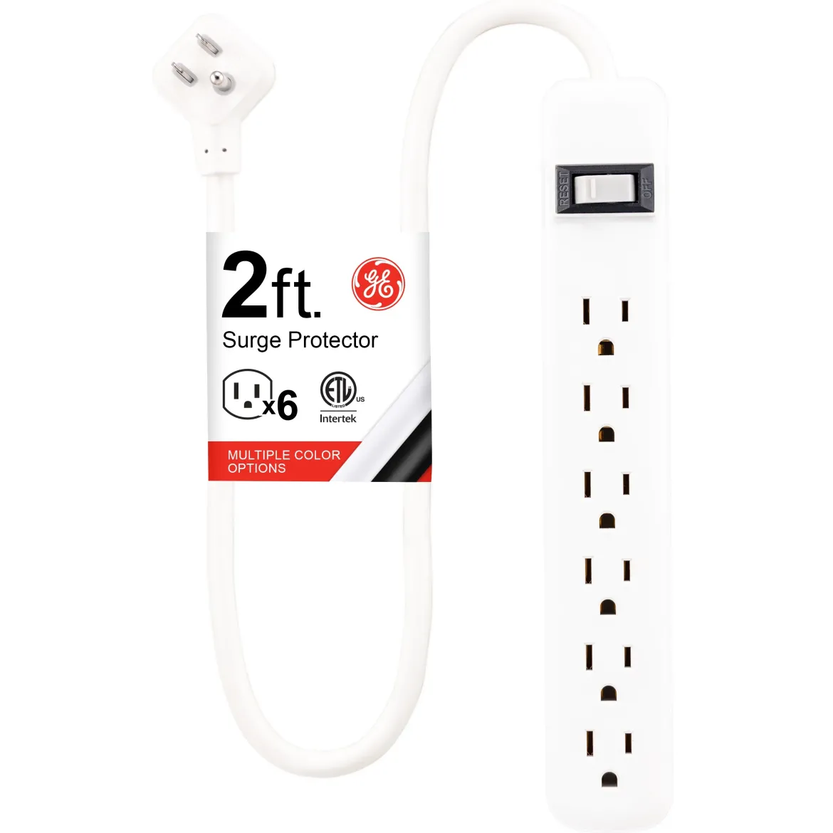 GE 6-Outlet 2ft. Surge Protector with Twist-to-Close Safety Outlets, White