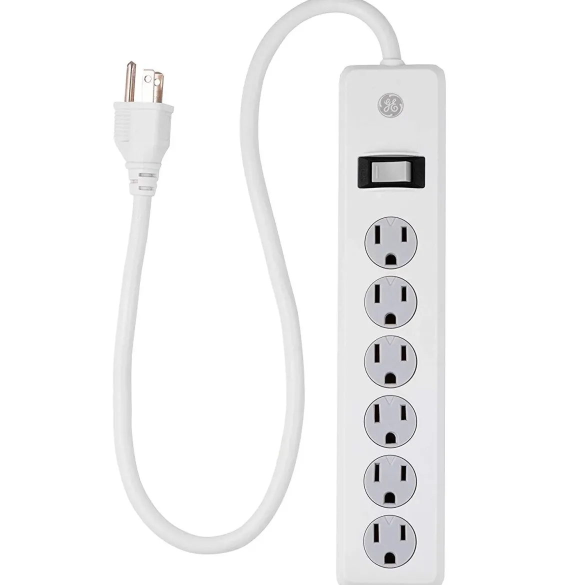GE 6-Outlet 2ft. Surge Protector with Twist-to-Close Safety Covers, White