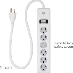 GE 6-Outlet 2ft. Surge Protector with Twist-to-Close Safety Covers, White