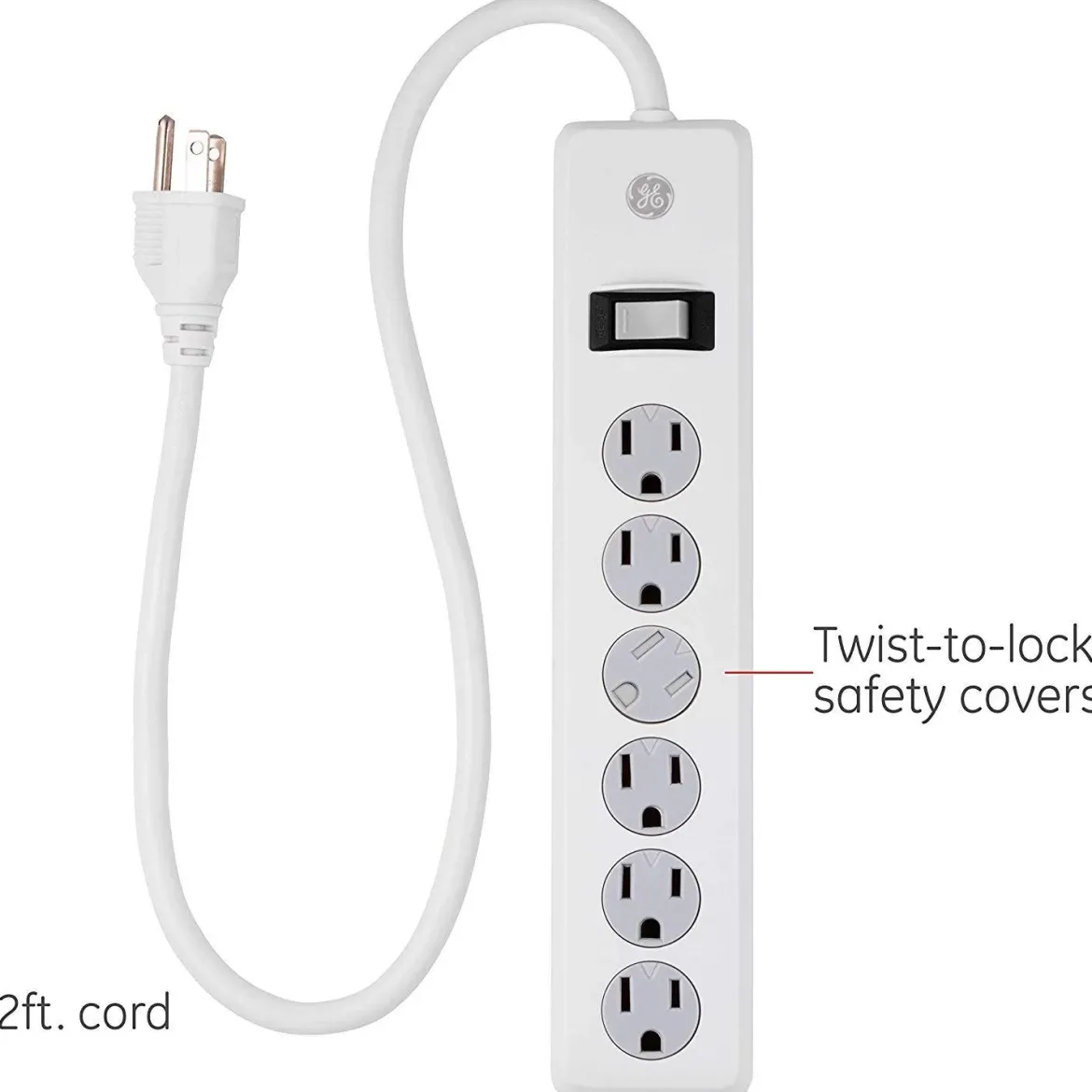 GE 6-Outlet 2ft. Surge Protector with Twist-to-Close Safety Covers, White