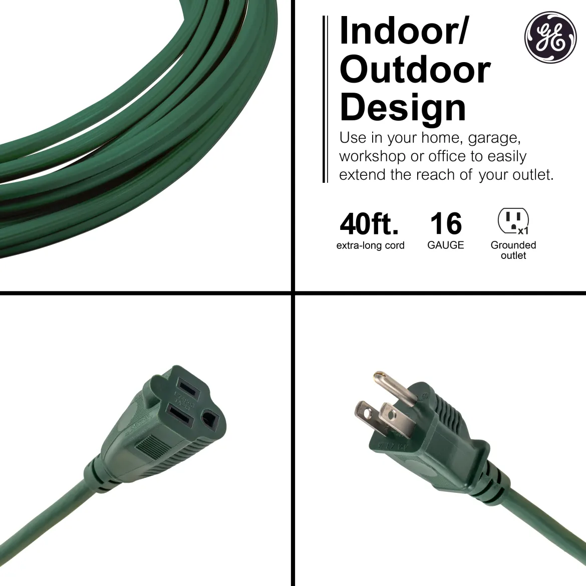 GE 1-Outlet Grounded Extension Cord, Outdoor, 40ft., 16AWG, Green