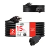 GE 1-Outlet Grounded Extension Cord, 15ft, Black, 2pk