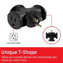 GE 3-Outlet Heavy-Duty 3-Outlet Tap Adapter, Black