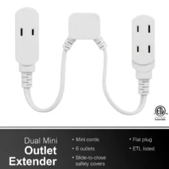 GE 3-Outlet 10in. Dual Split Extension Cord, White