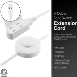 GE 3-Outlet Polarized Extension Cord, Indoor, Foot Switch, 16AWG, 9ft., White