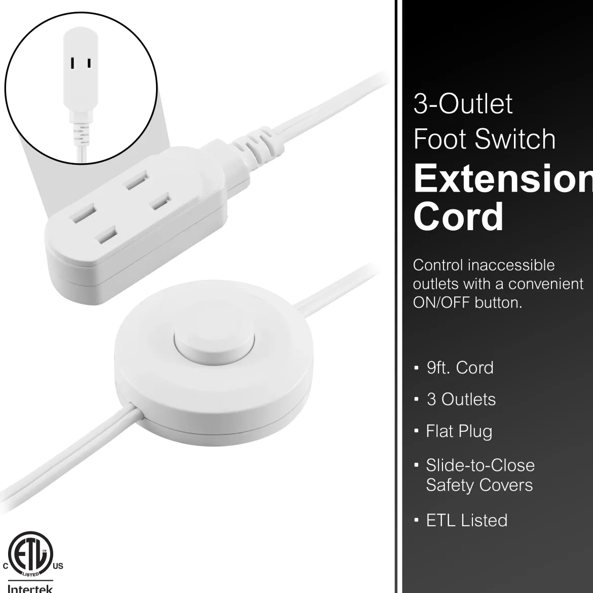 GE 3-Outlet Polarized Extension Cord, Indoor, Foot Switch, 16AWG, 9ft., White