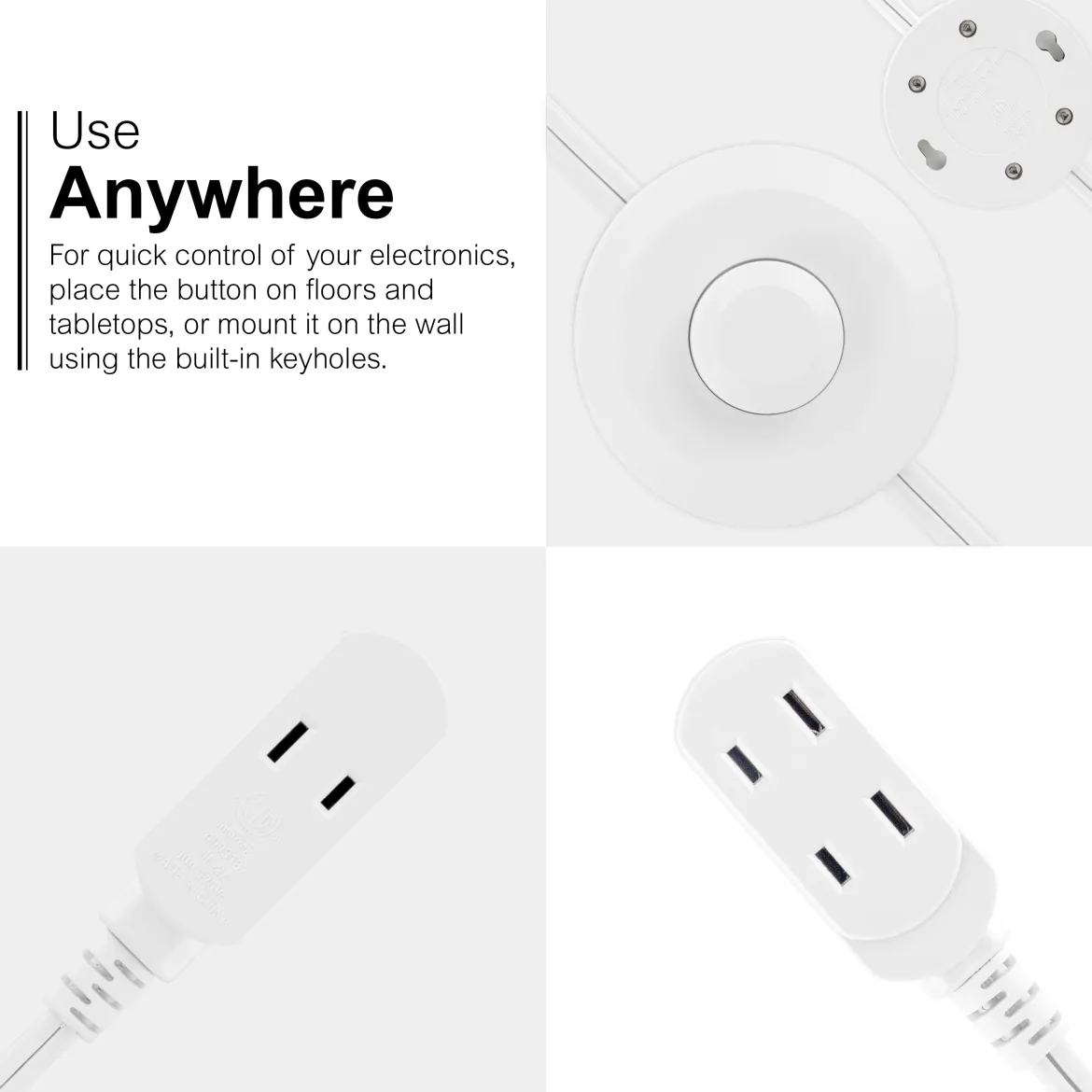 GE 3-Outlet Polarized Extension Cord, Indoor, Foot Switch, 16AWG, 9ft., White