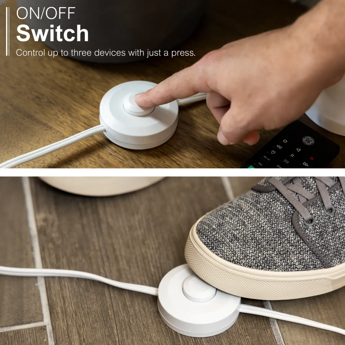 GE 3-Outlet Polarized Extension Cord, Indoor, Foot Switch, 16AWG, 9ft., White
