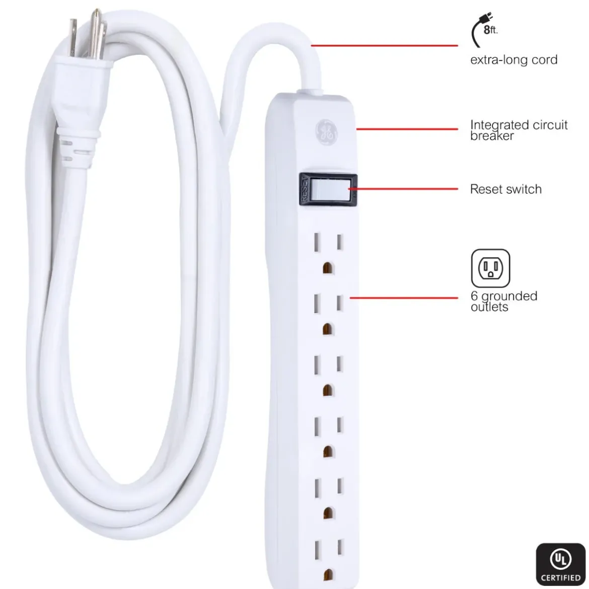 GE 6-Outlet Power Strip 8ft, White