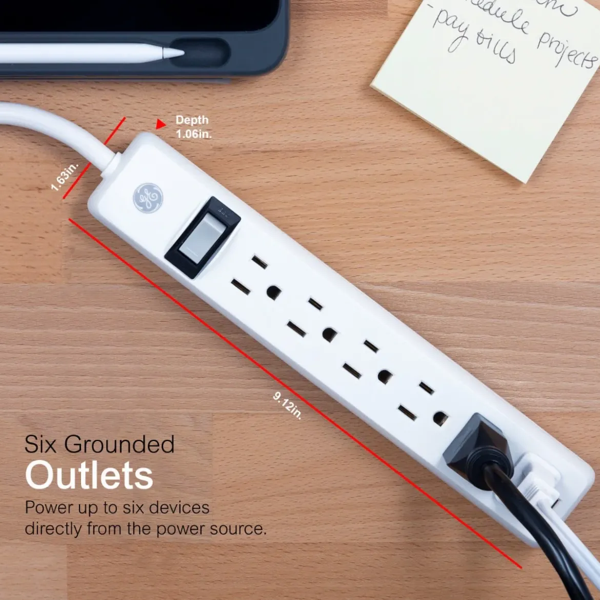 GE 6-Outlet Power Strip 8ft, White