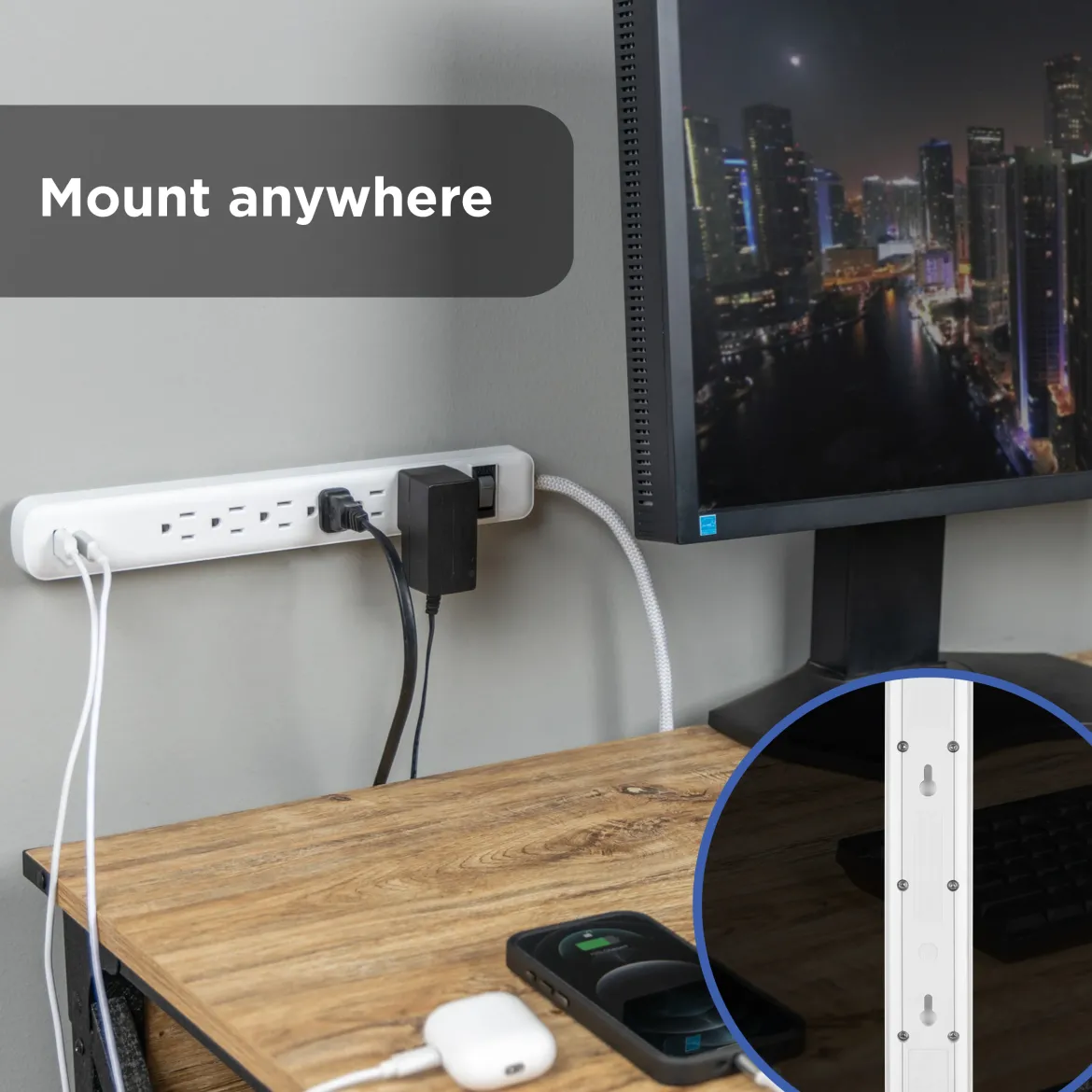 GE 6-Outlet Power Strip with USB, 1 USB-A & 1 USB-C Port, 4ft Braided Extension Cord, White