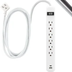 GE 6-Outlet Power Strip with USB, 1 USB-A & 1 USB-C, Flat Plug, White