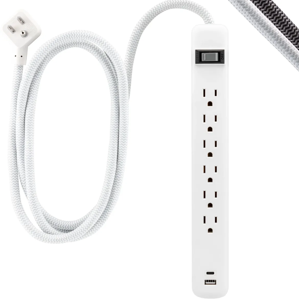 GE 6-Outlet Power Strip with USB, 1 USB-A & 1 USB-C, Flat Plug, White