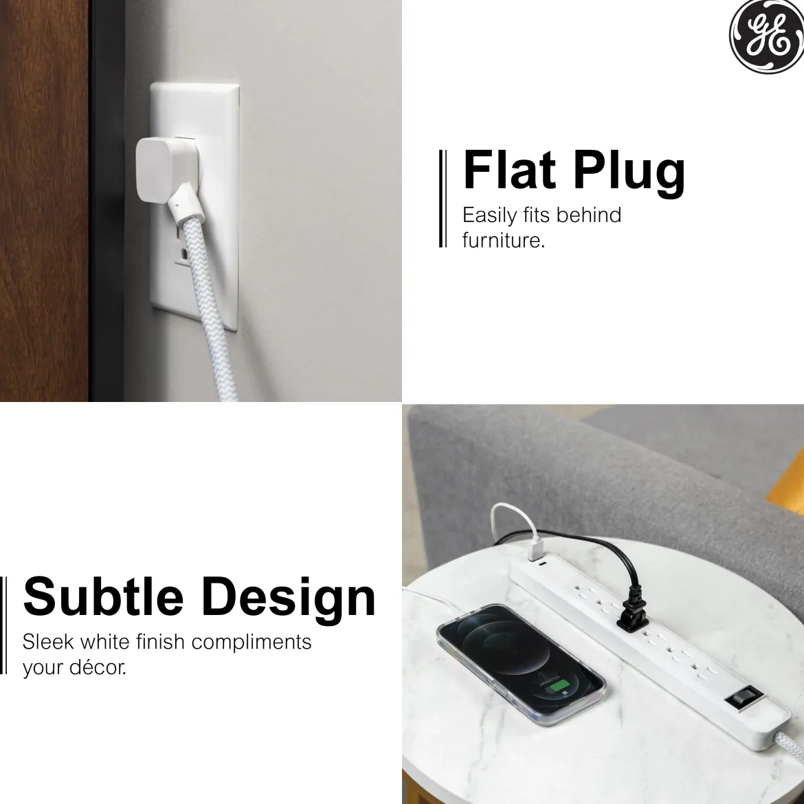 GE 6-Outlet Power Strip with USB, 1 USB-A & 1 USB-C, Flat Plug, White