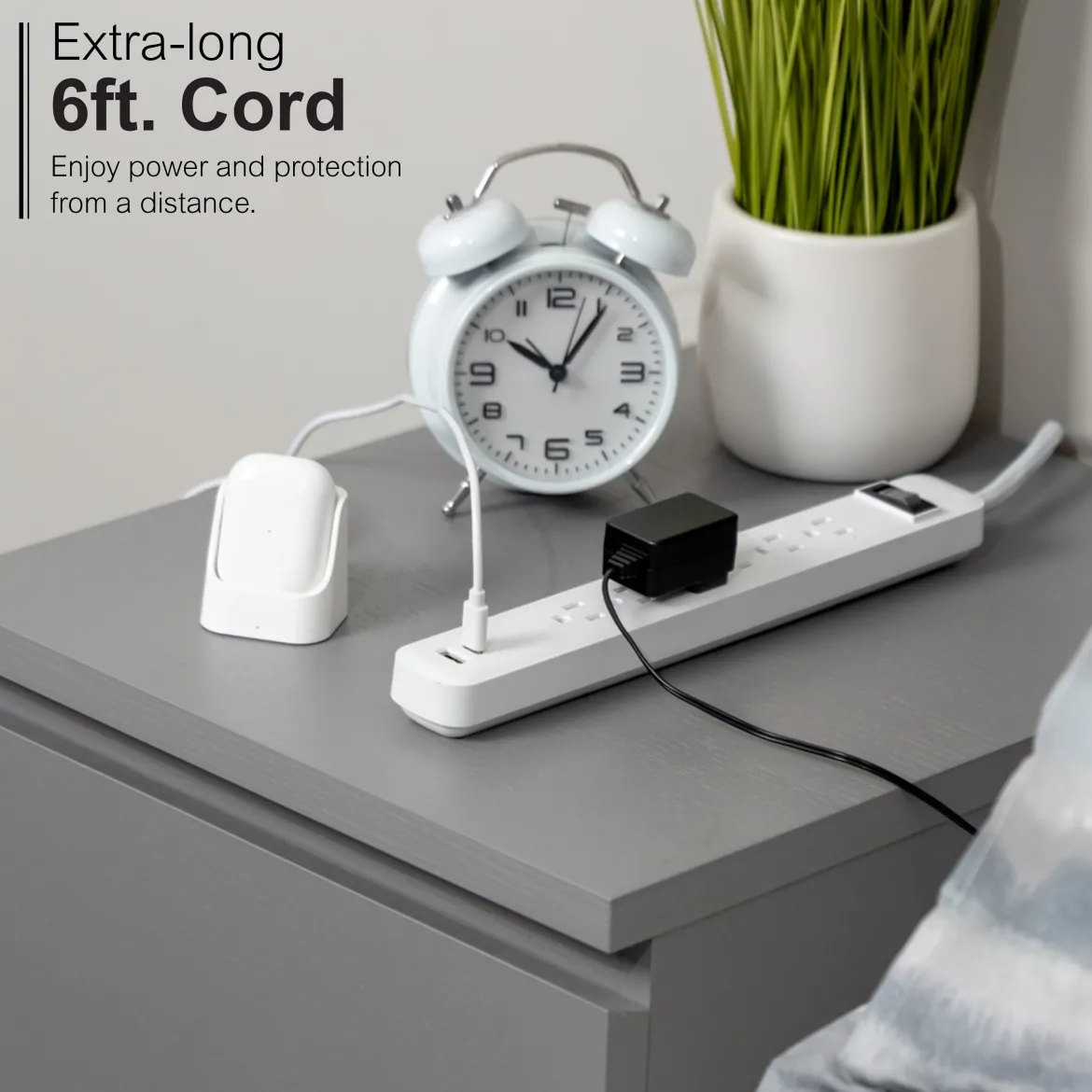 GE 6-Outlet Power Strip with USB, 1 USB-A & 1 USB-C, Flat Plug, White