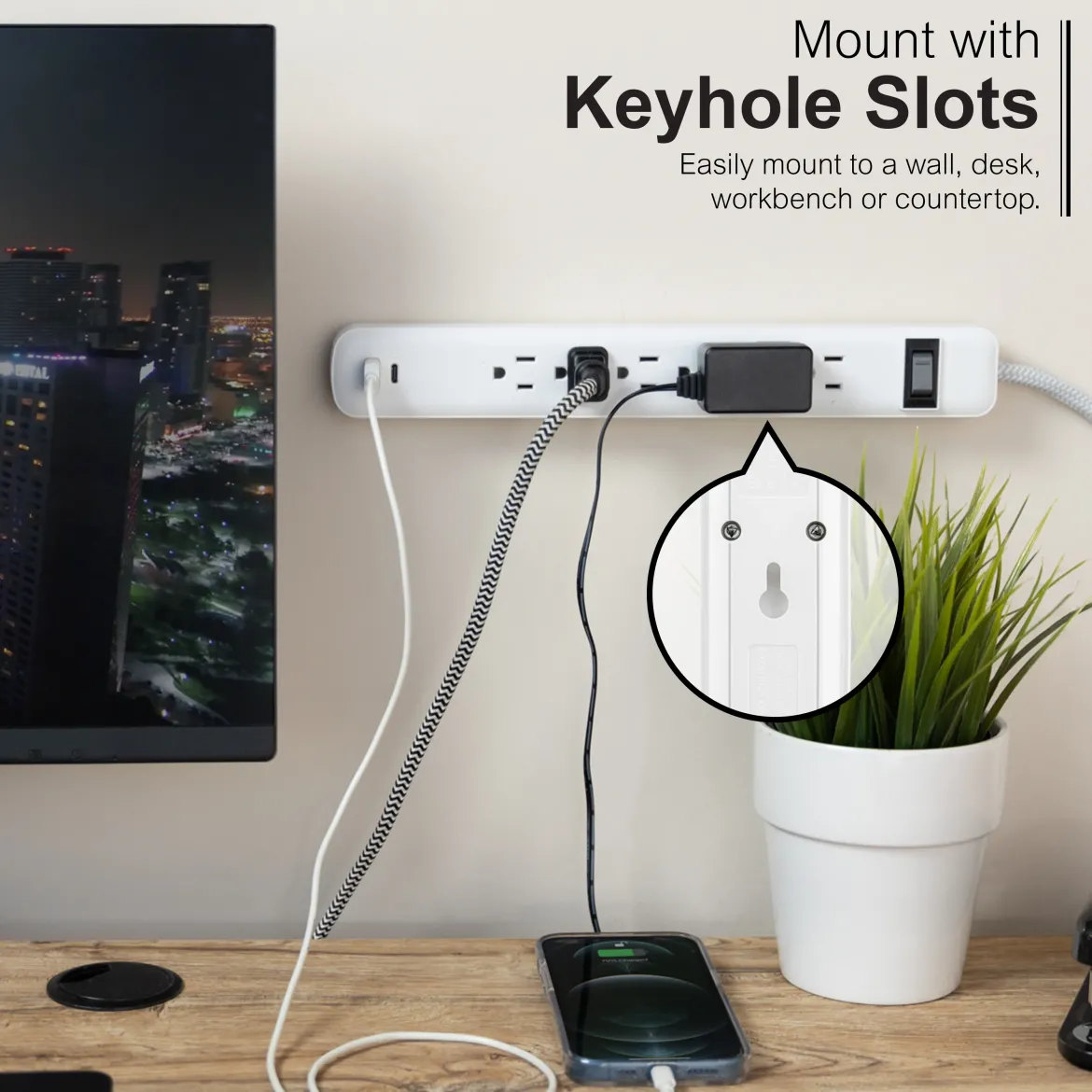 GE 6-Outlet Power Strip with USB, 1 USB-A & 1 USB-C, Flat Plug, White