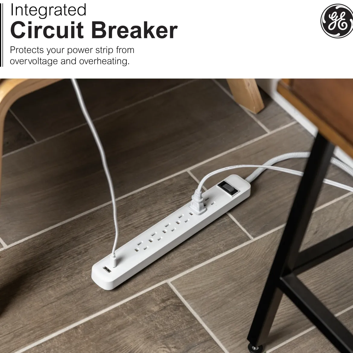 GE 6-Outlet Power Strip with USB, 1 USB-A & 1 USB-C, Flat Plug, White