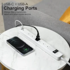 GE 6-Outlet Power Strip with USB, 1 USB-A & 1 USB-C, Flat Plug, White