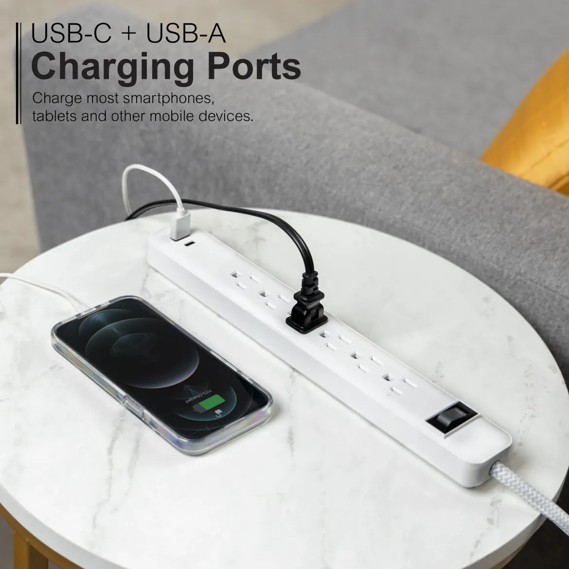 GE 6-Outlet Power Strip with USB, 1 USB-A & 1 USB-C, Flat Plug, White