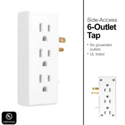 GE 6-Outlet Space-Saving Wall Tap, White, 3pk