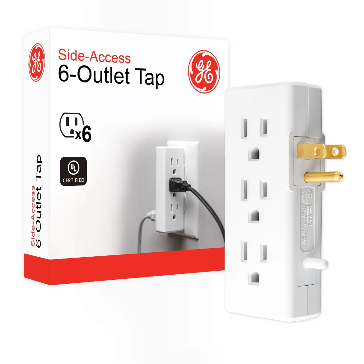 GE 6-Outlet Space-Saving Wall Tap, White, 3pk