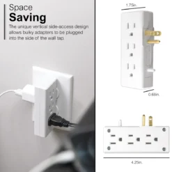GE 6-Outlet Space-Saving Wall Tap, White, 3pk