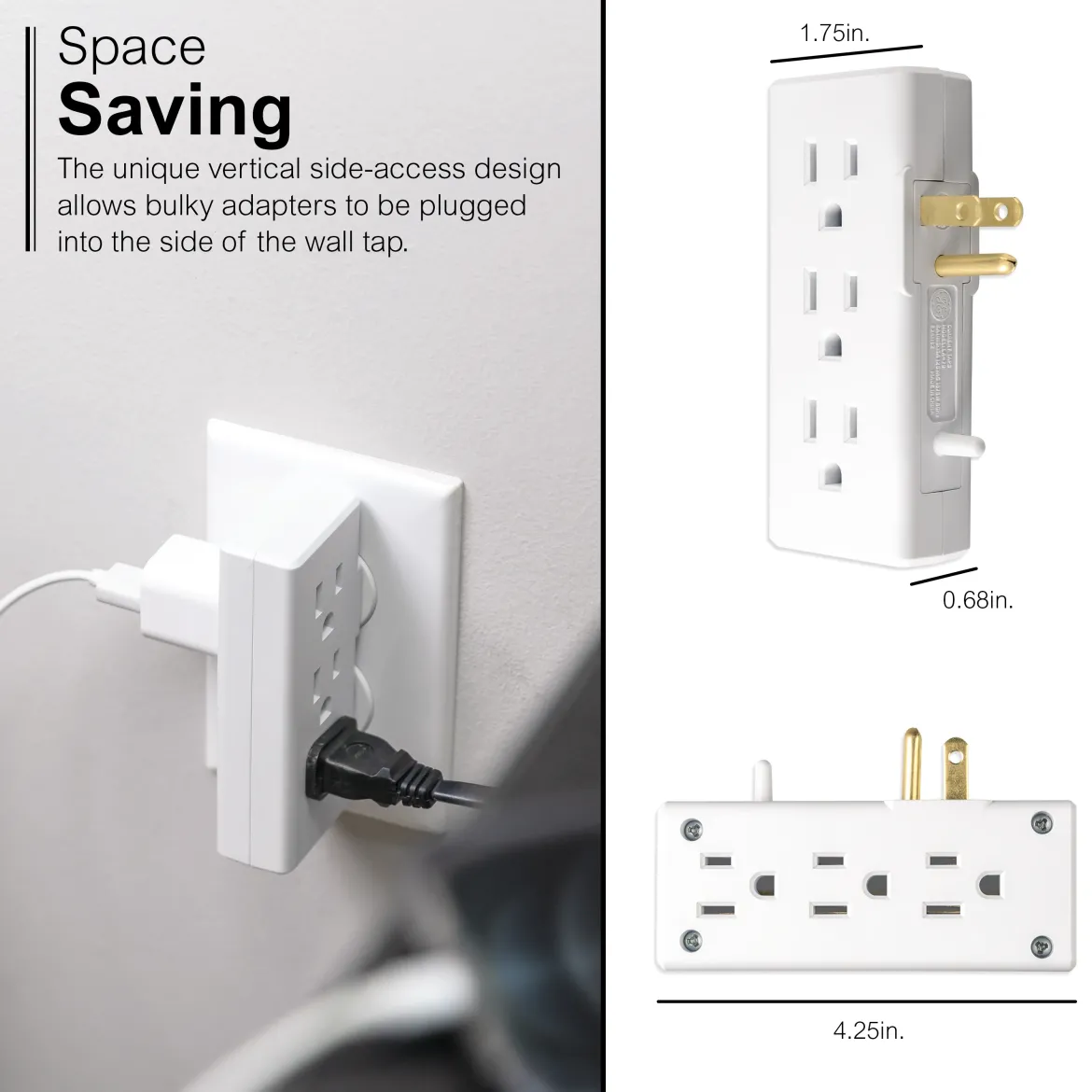 GE 6-Outlet Space-Saving Wall Tap, White, 3pk