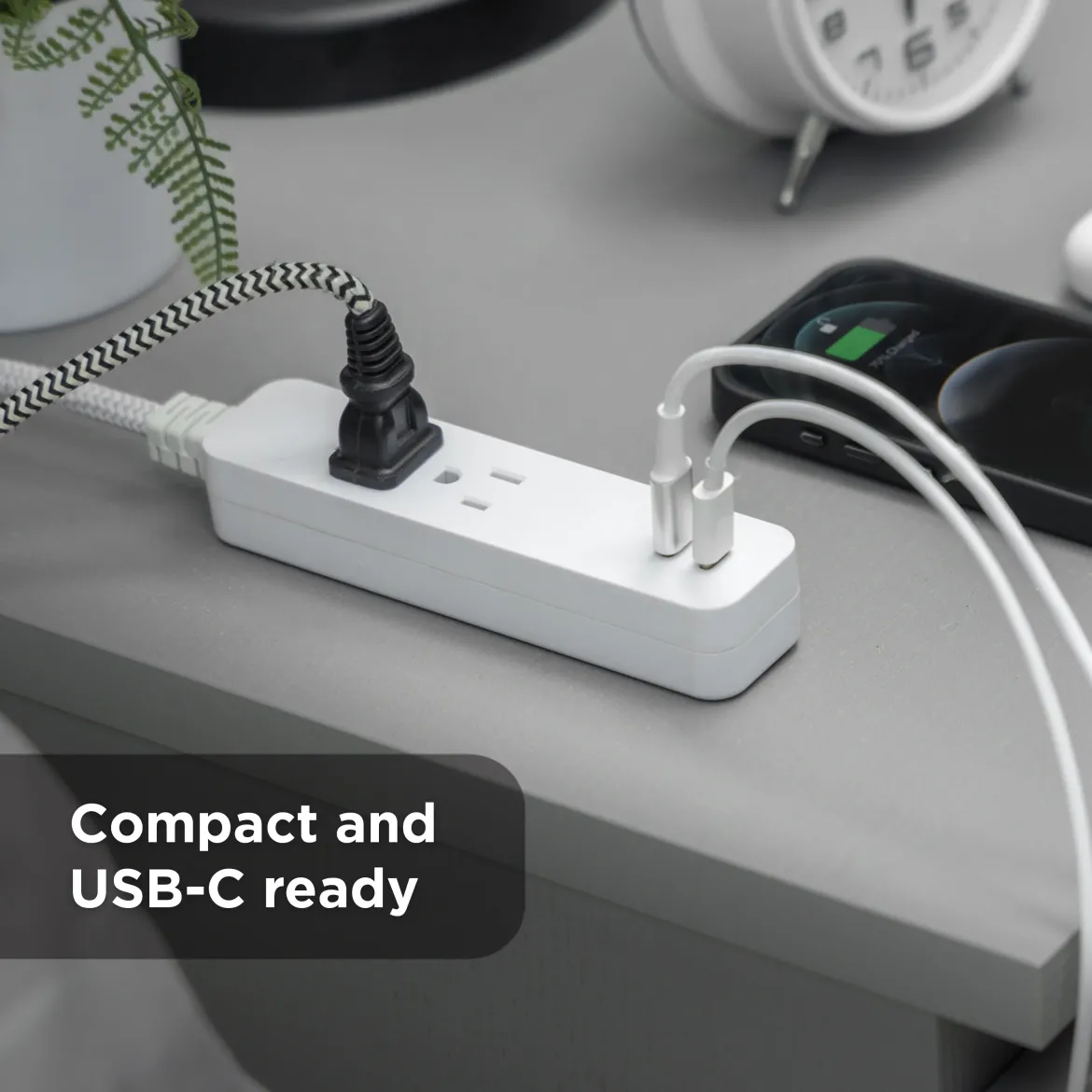 GE 6-Outlet Surge Protector and 2-Outlet Surge Protector with 2 USB-C, 2ft and 245J, White, Combo Pack